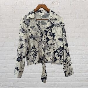 Panama Jack White Blue Top Large Tie Front Linen Blend Tropical Leaf Print Shirt